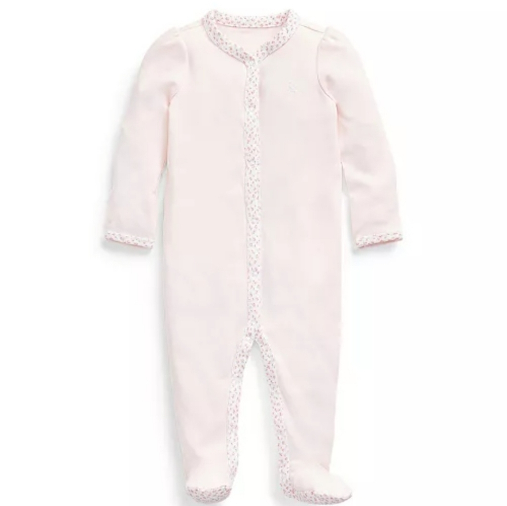 Ralph Lauren Light Pink Footie with Floral Trim
